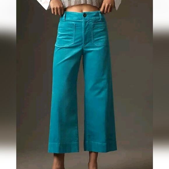 AnthropologieThe Colette Crop Wide Leg Corduroy Pants Jeans Turquoise Sz 23 - Picture 5 of 9